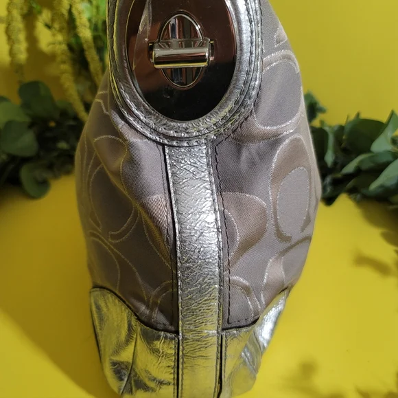 Coach Peyton White Silver Satin Canvas Logo Metallic Hobo Bag - Picture 3 of 14